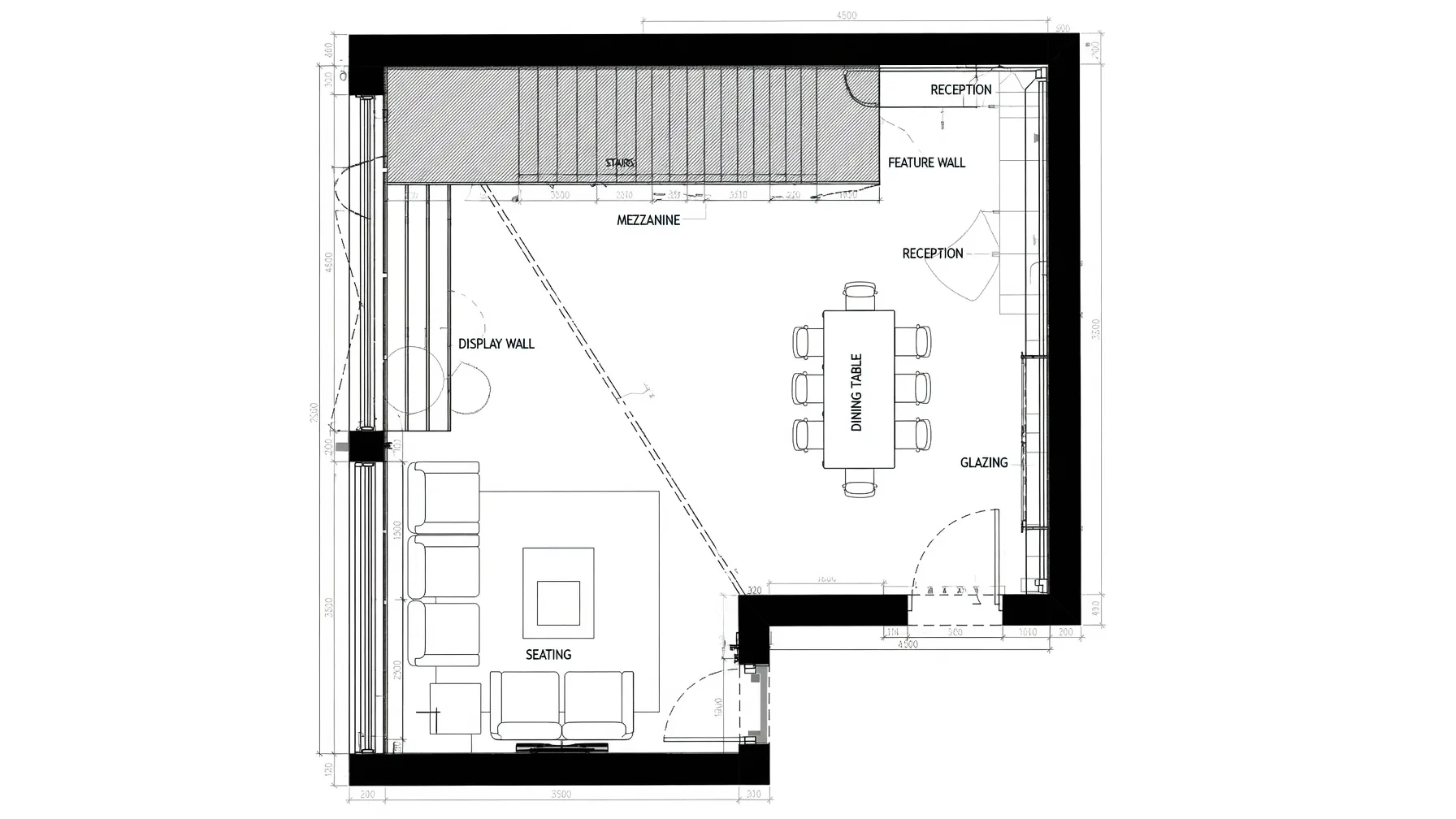 2D technical floor plan of the Mariani Design showroom, Milan — mezzanine, display wall, dining and seating areas