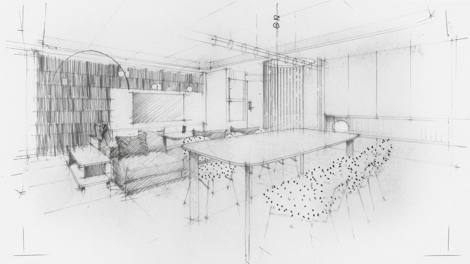 Schizzo a matita iniziale di un soggiorno residenziale &mdash; progetto Mariani Design