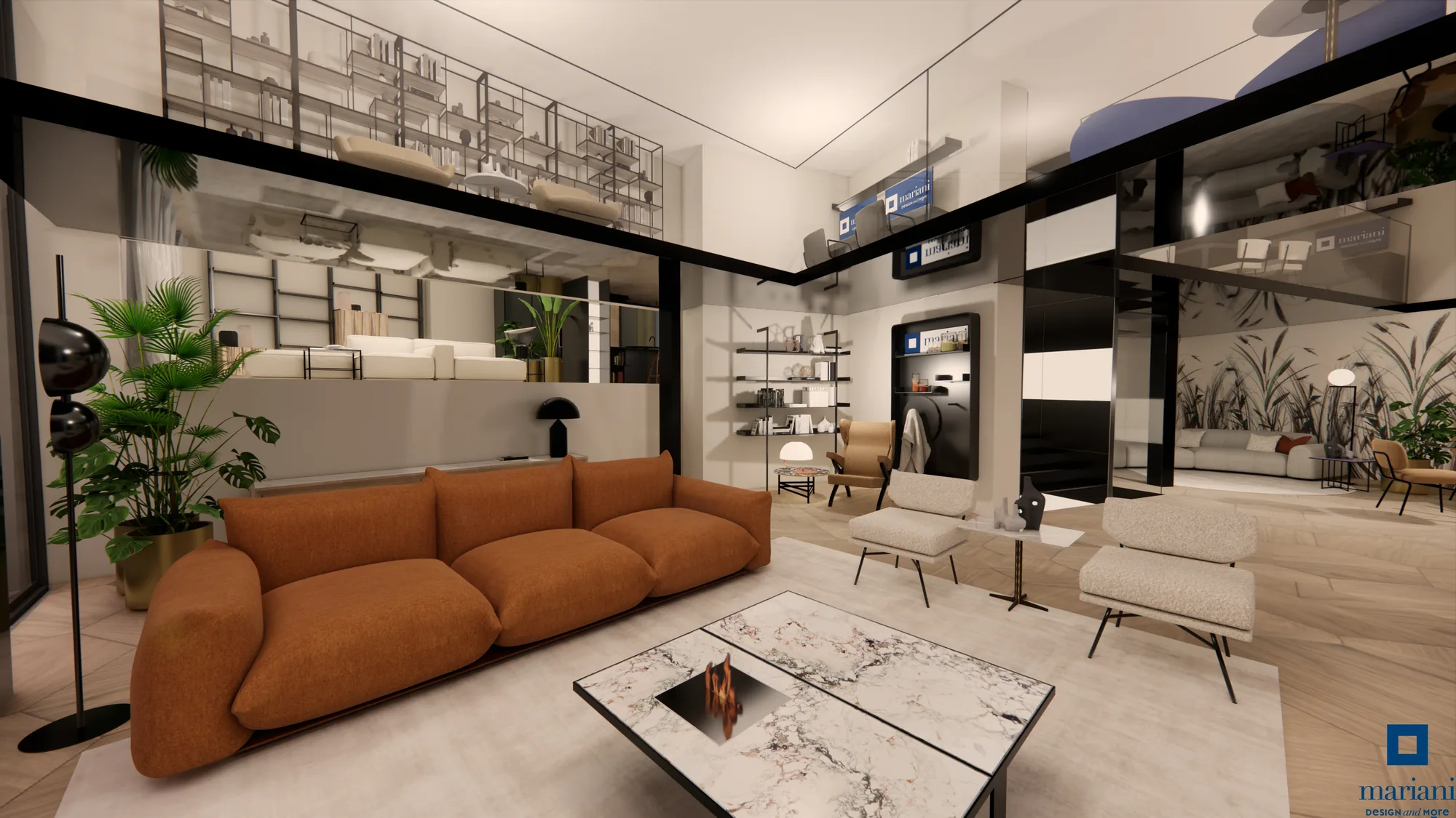 Render fotorealistico del soggiorno — showroom Mariani Design Milano