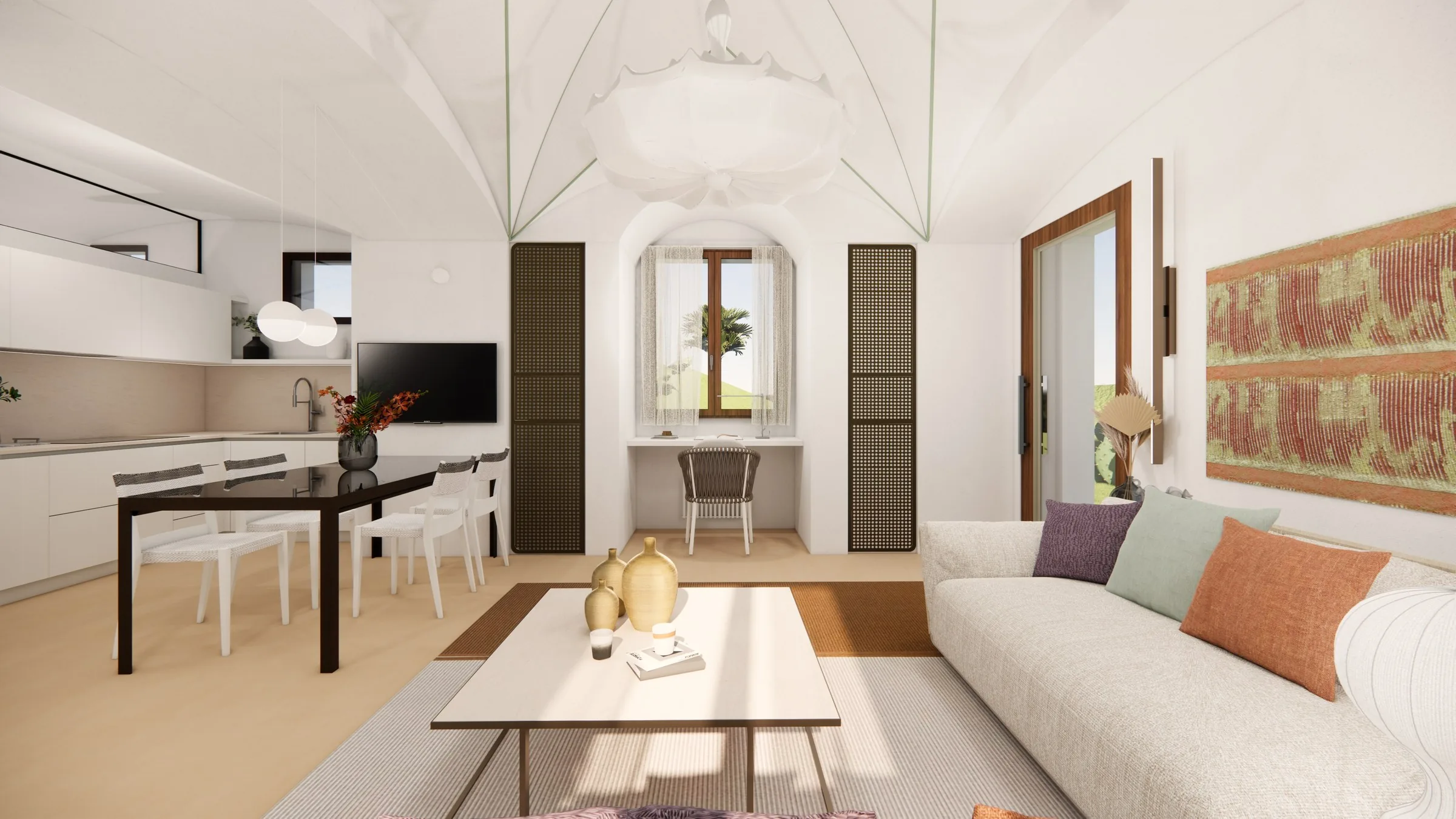 Rendering del living sotto le volte a crociera, con la cucina e la nicchia ad arco