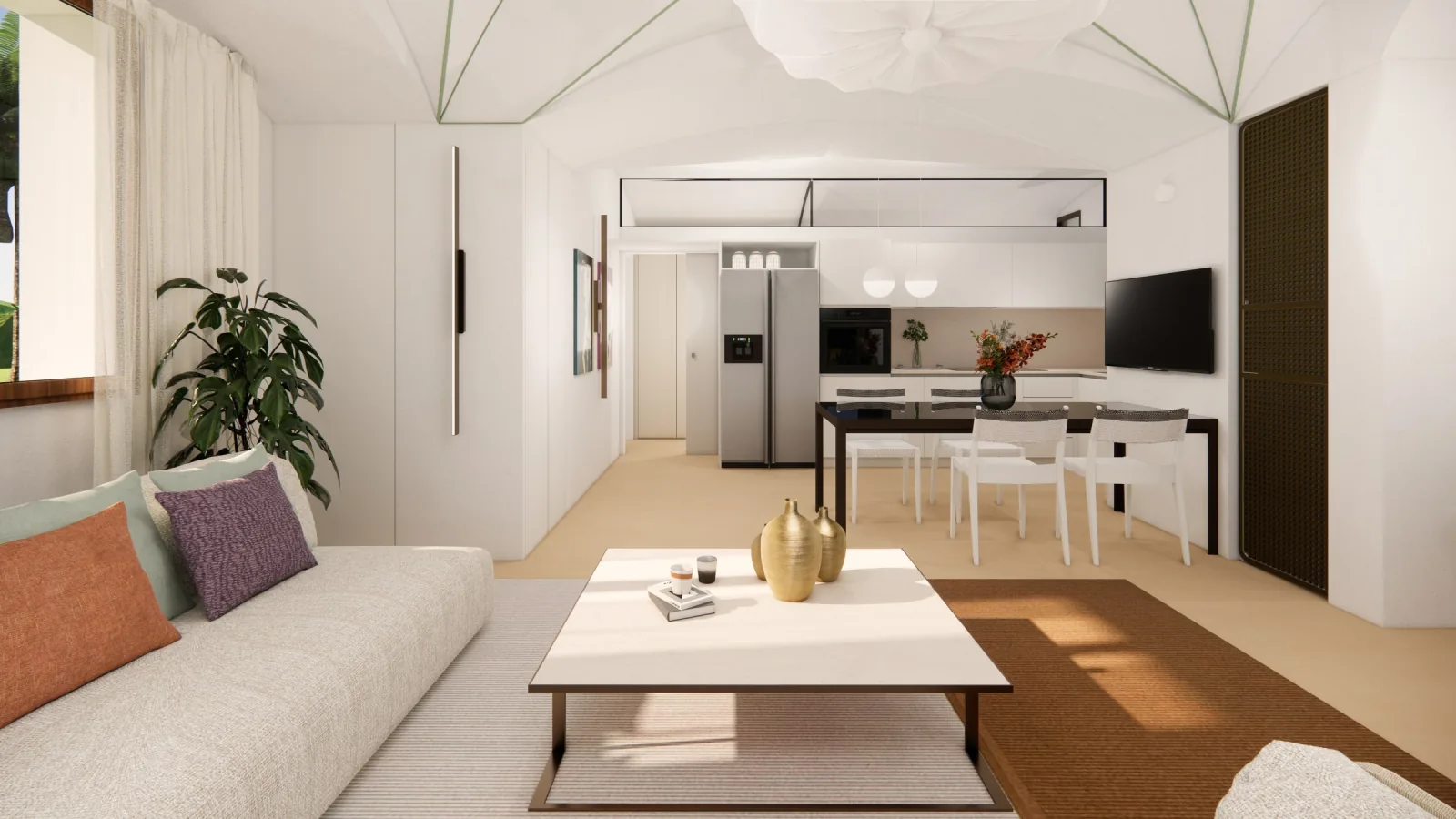 Rendering del living verso la cucina lineare