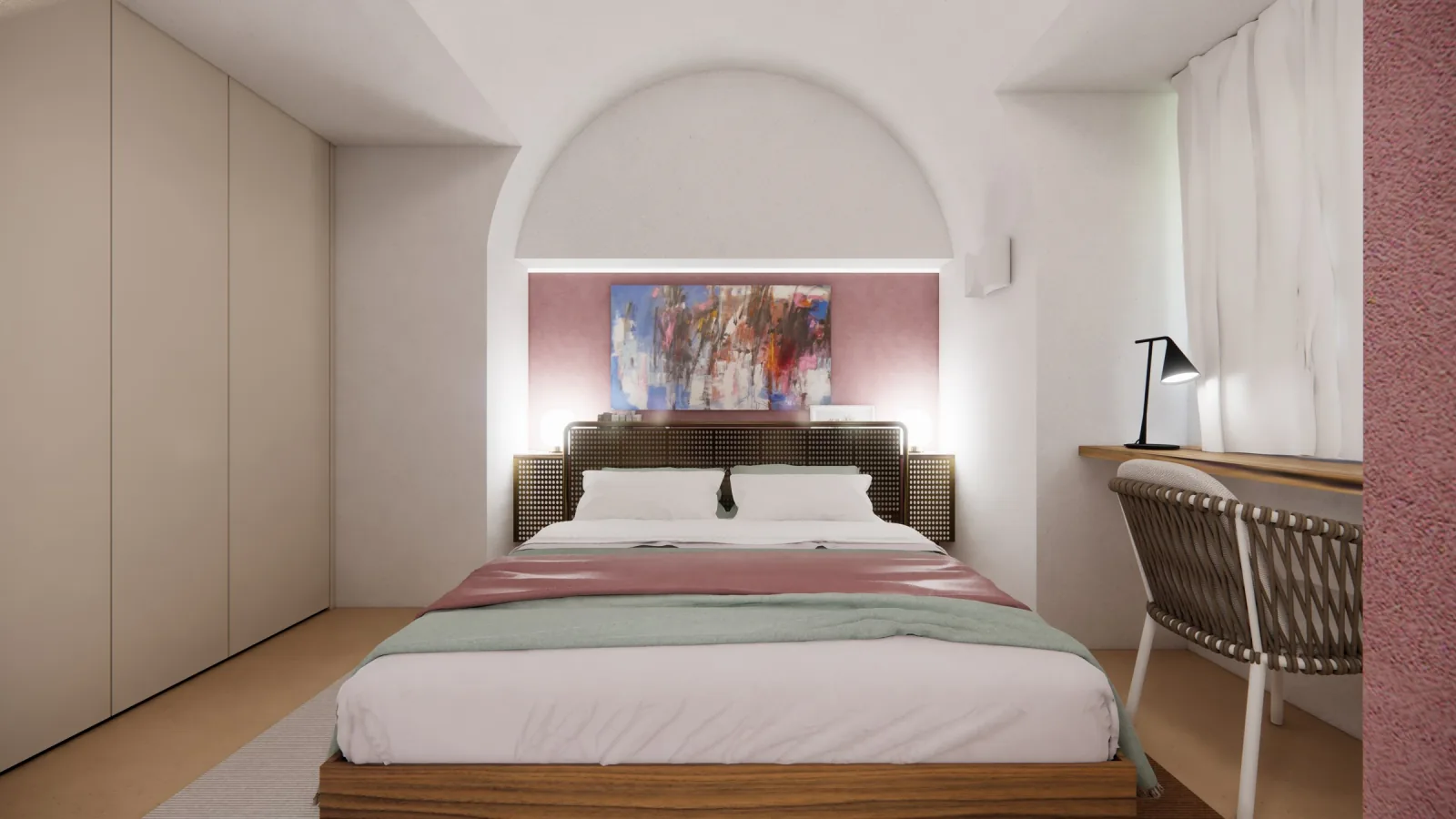 Rendering della camera padronale con la testata del letto nella nicchia ad arco