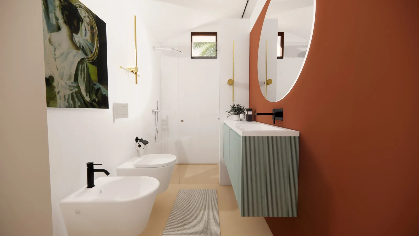 Rendering del bagno con parete color terracotta