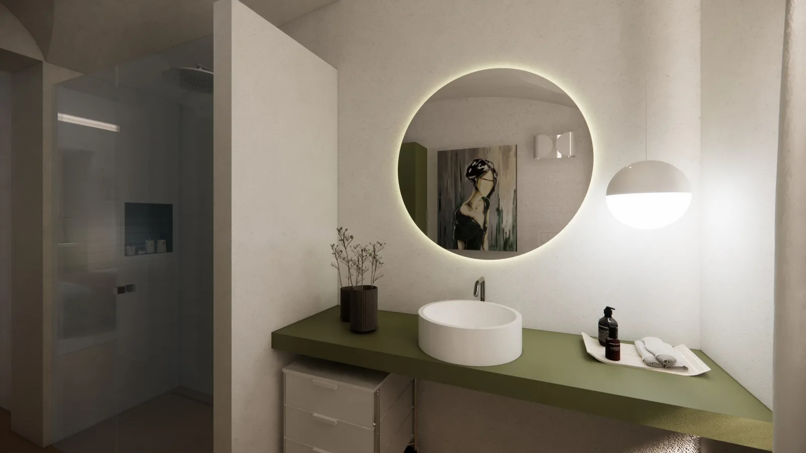 Rendering del bagno con top verde salvia e specchio tondo
