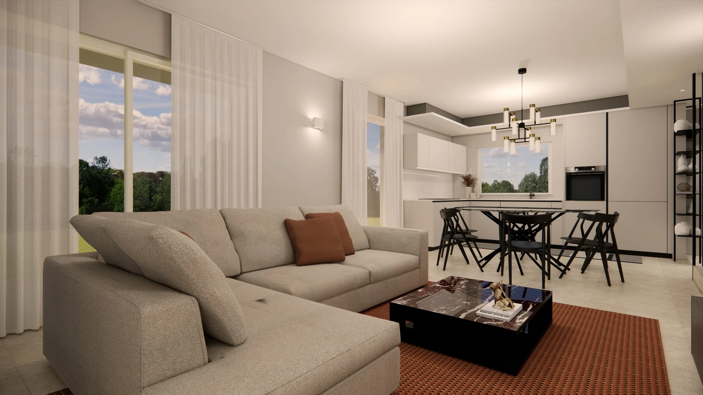 Rendering del living con divano angolare, tavolino in marmo rosso e tappeto ruggine