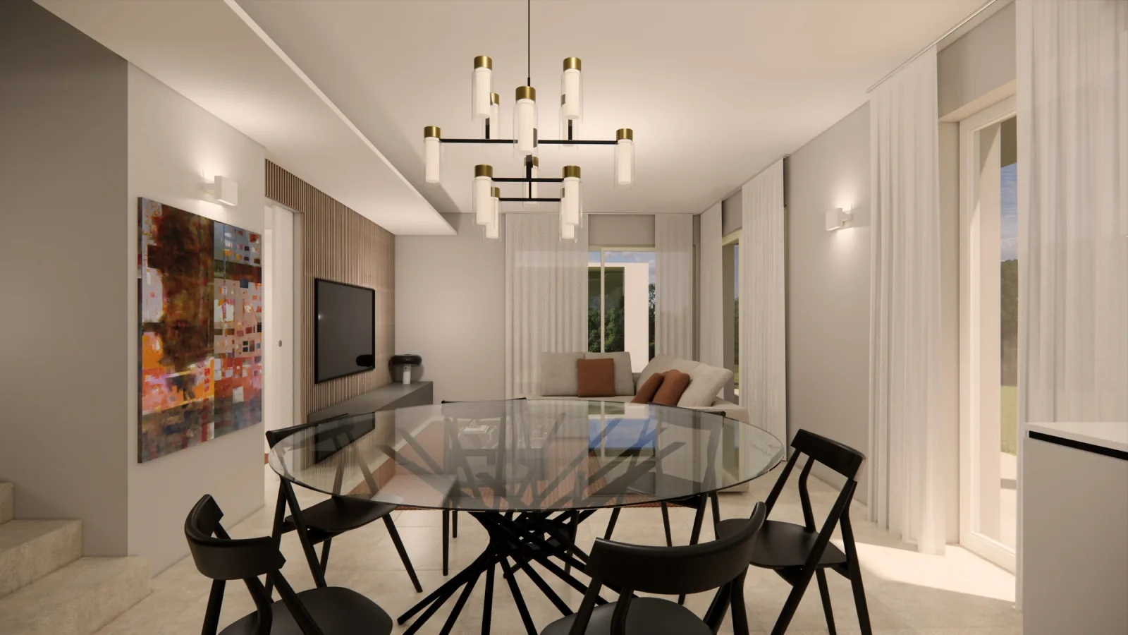 Render of the dining area with round glass table and candle chandelier