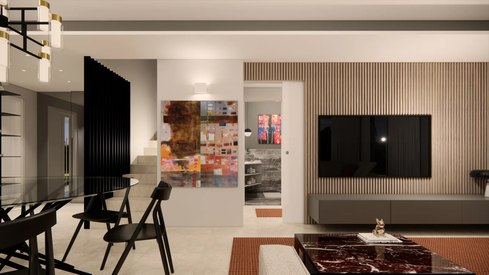 Render of the TV wall in wood battens and the black iron bookcase