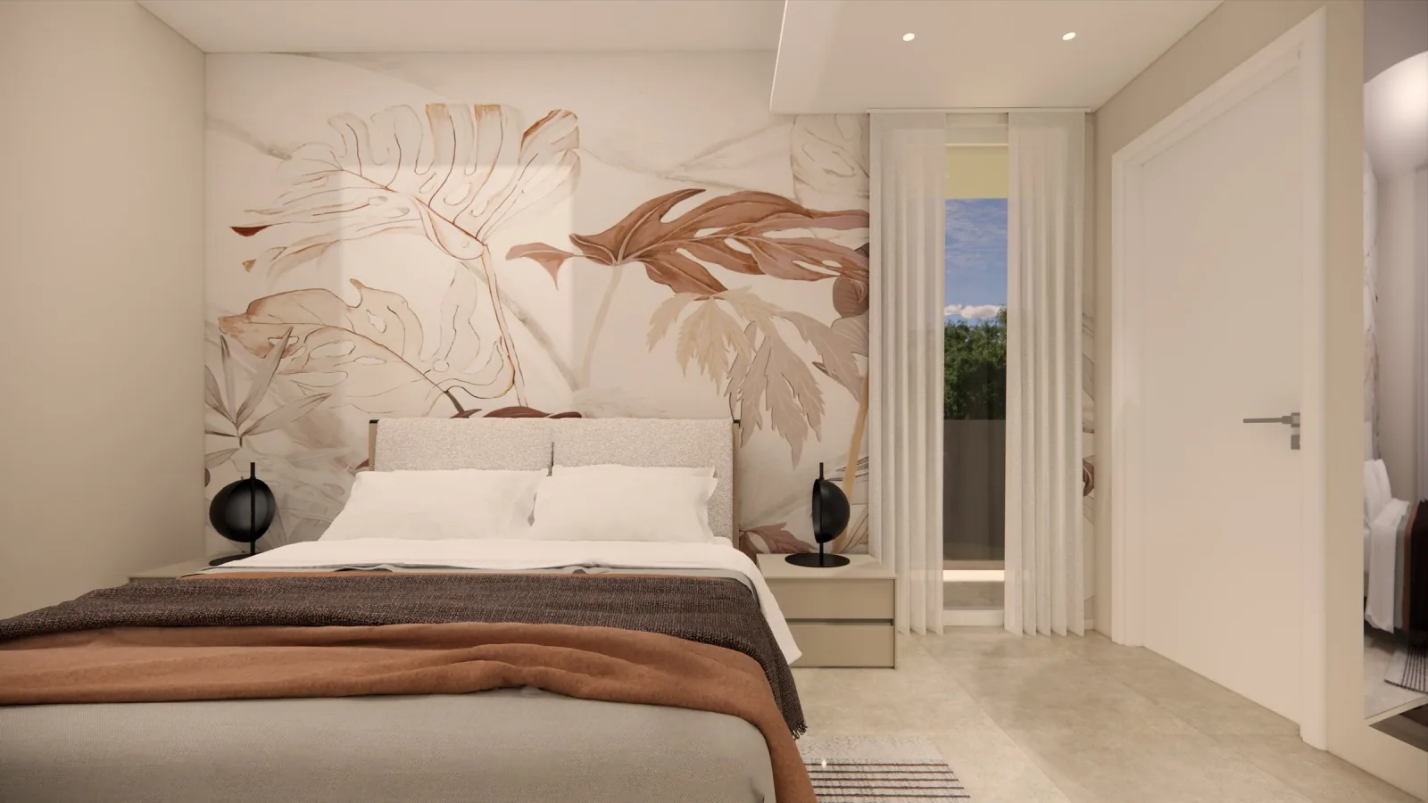 Render of the bedroom with large-leaf wallpaper in leather tones