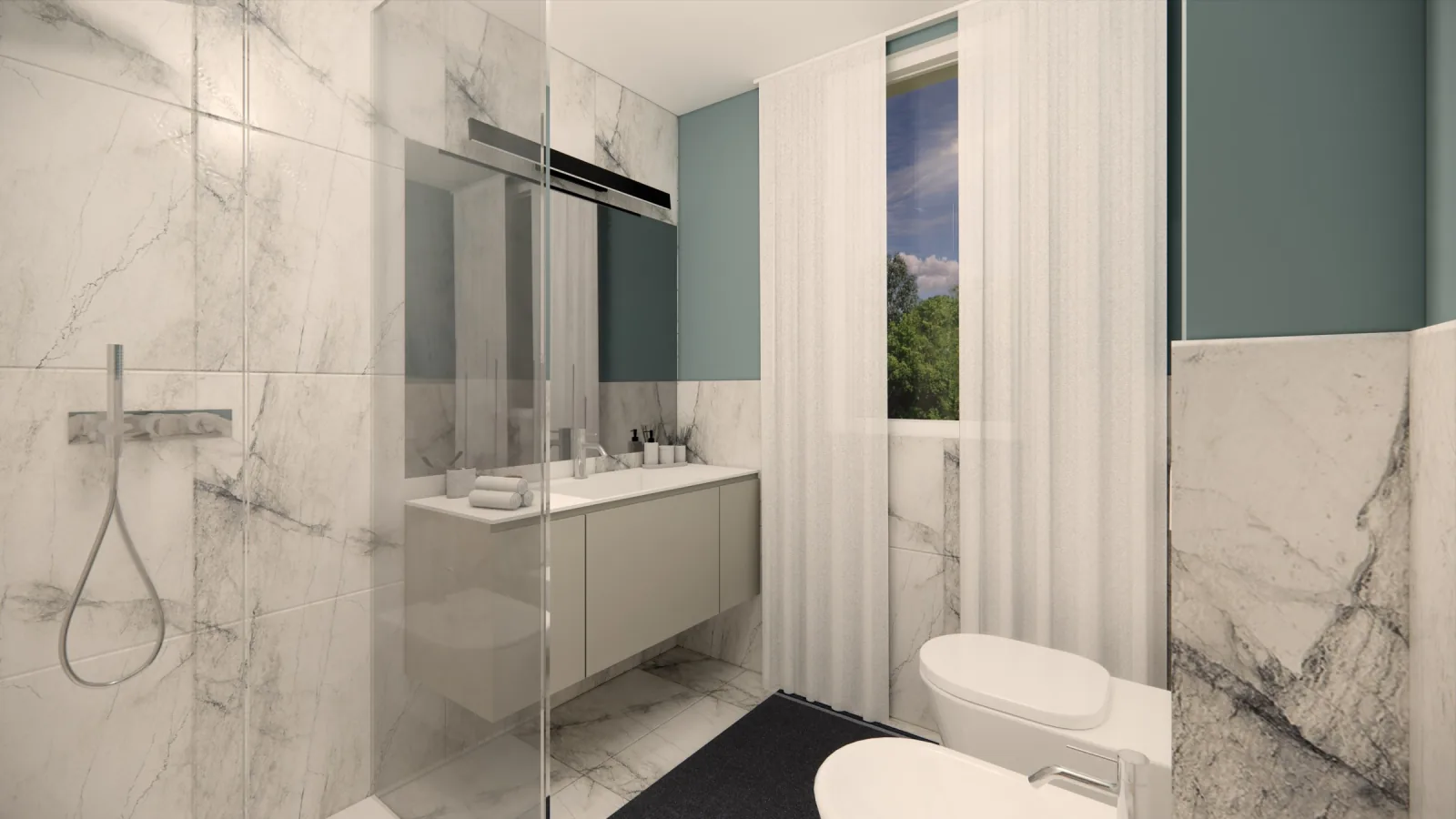 Render of the bathroom in pale veined marble