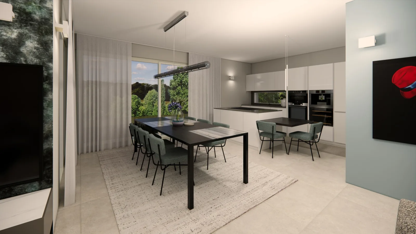 Render of the dining area and kitchen