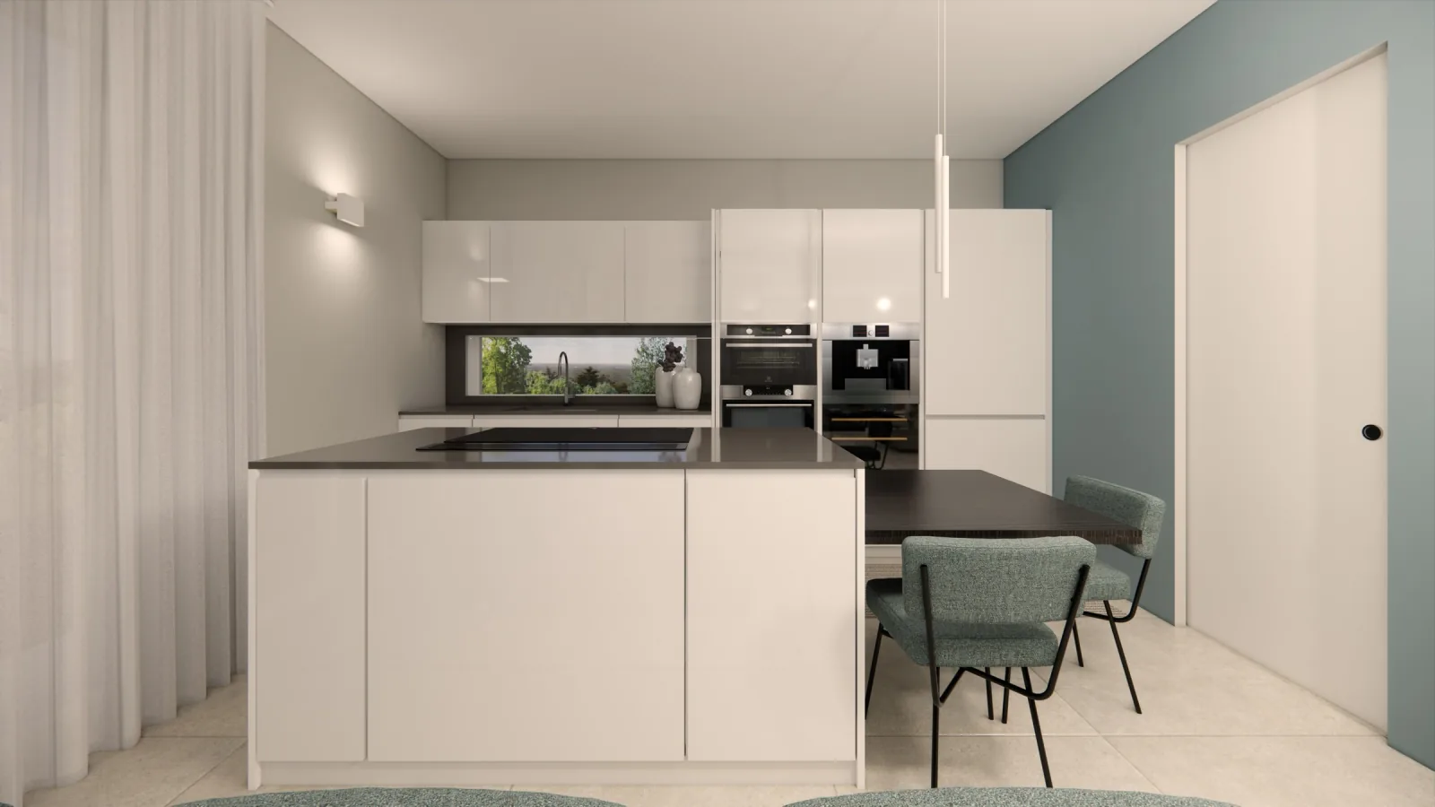 Render of the island kitchen with quartz worktop