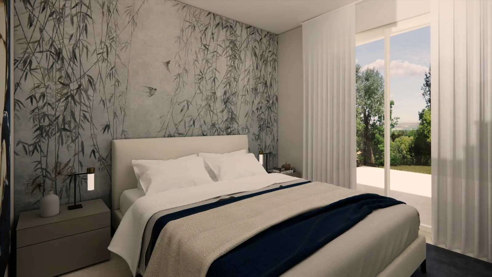 Render of the bedroom with woodland wallpaper