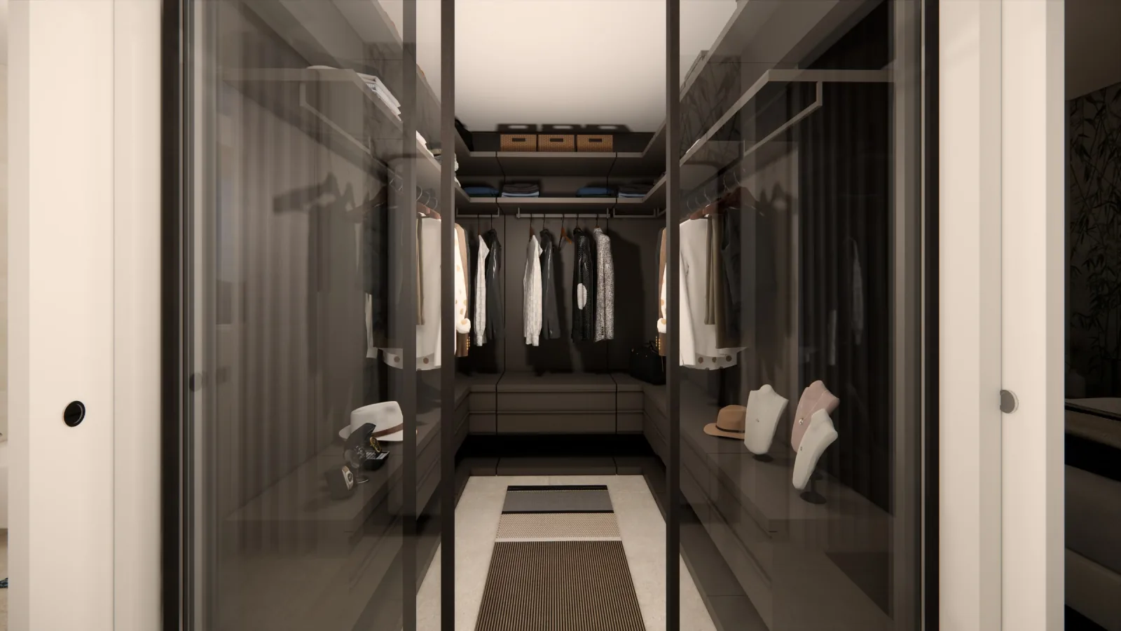 Render of the smoked-glass walk-in wardrobe with interior lighting