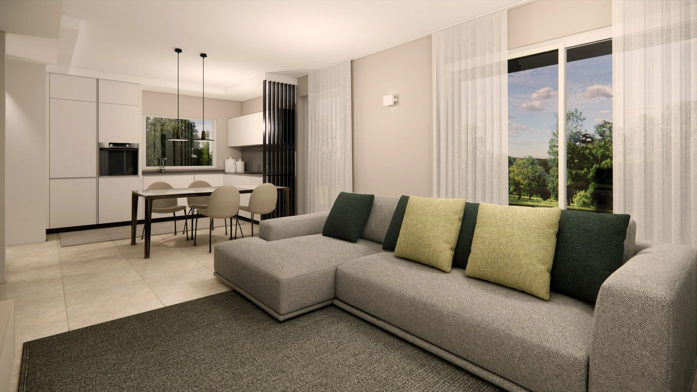 Rendering del living con divano angolare e cucina sullo sfondo
