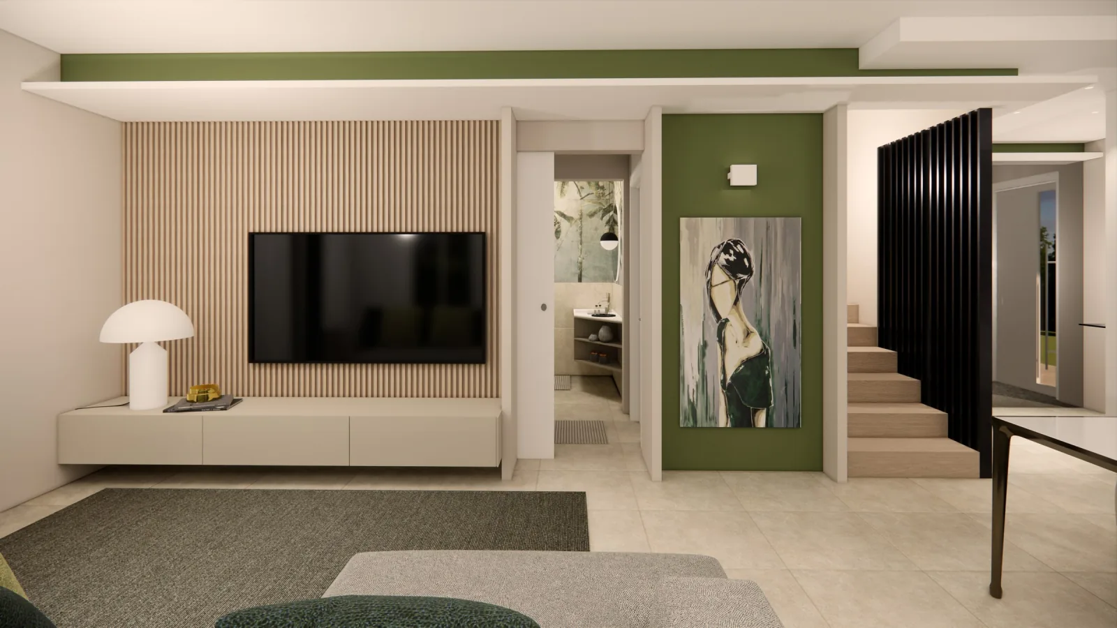 Render of the TV wall in pale wood battens and the stairs with black slats