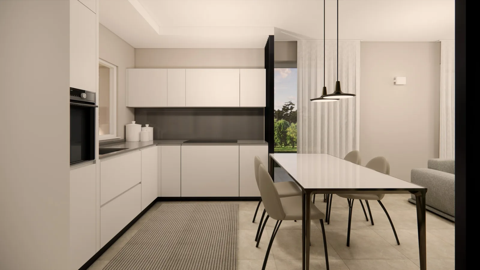 Render of the kitchen with dining table