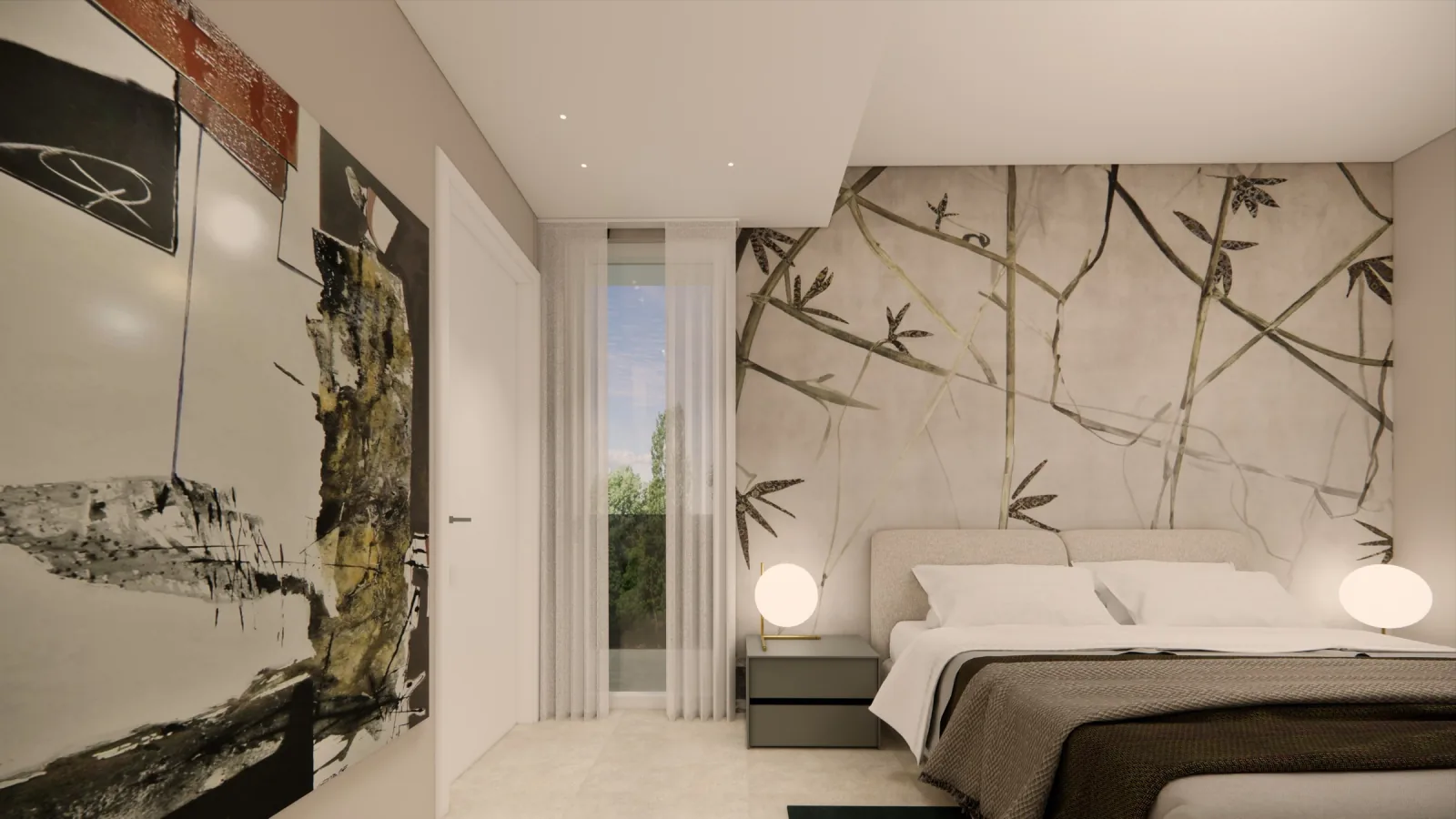 Render of the main bedroom with bamboo wallpaper