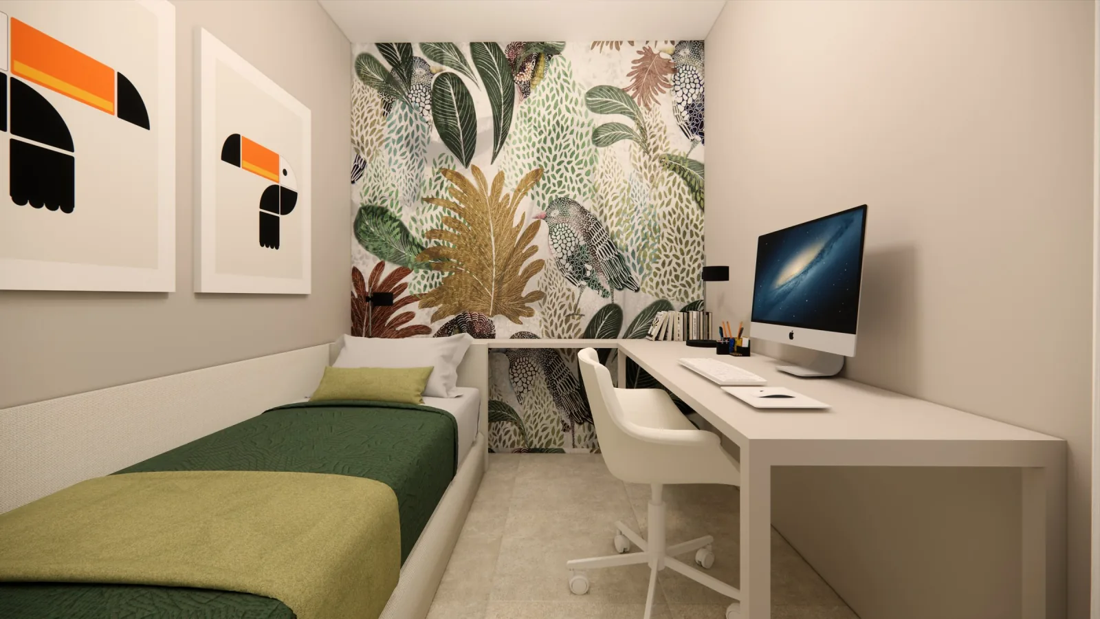 Render of the study bedroom with jungle wallpaper and desk