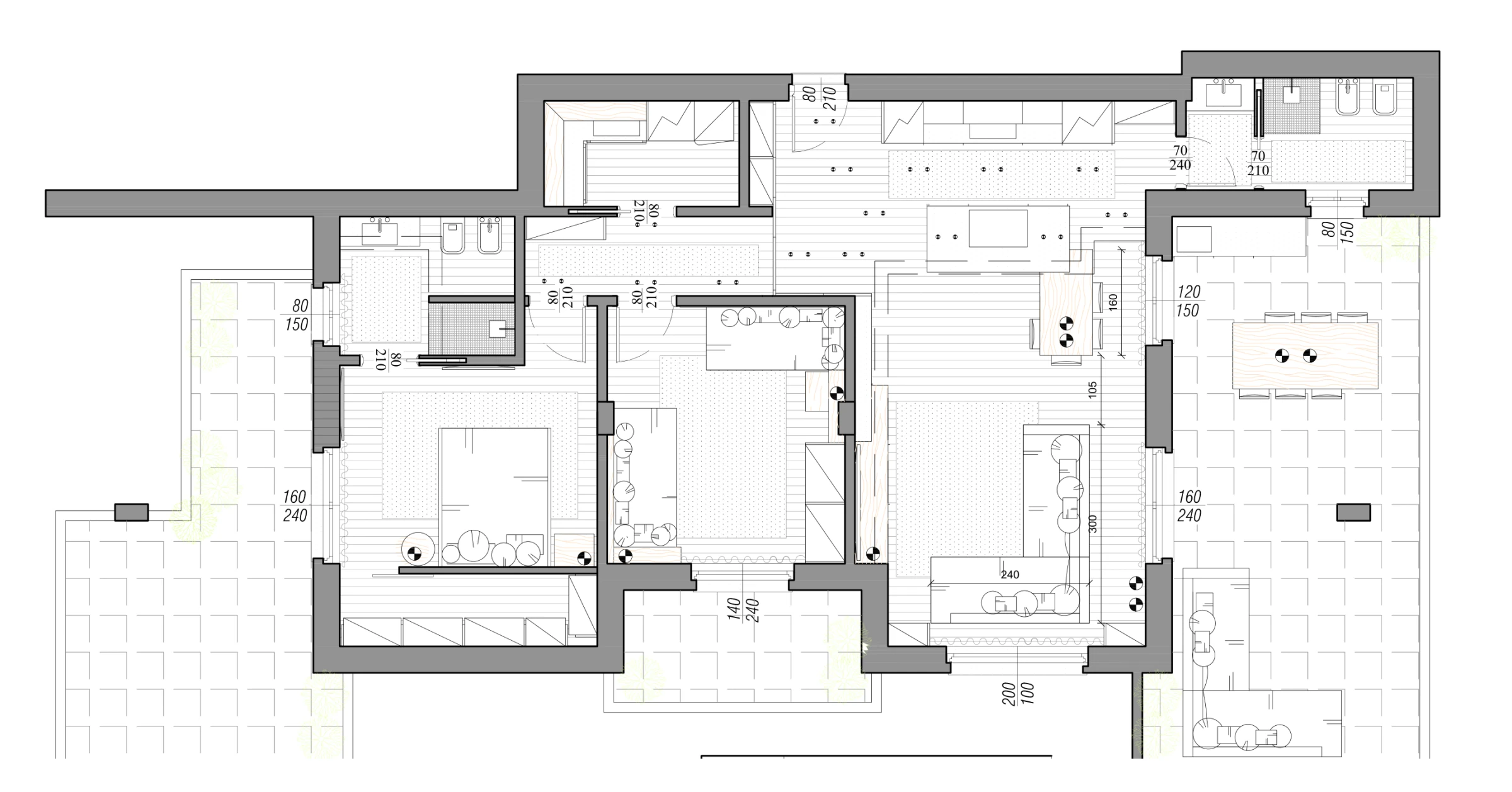 2D floor plan of the project: Living room, island kitchen, bedrooms, bathrooms