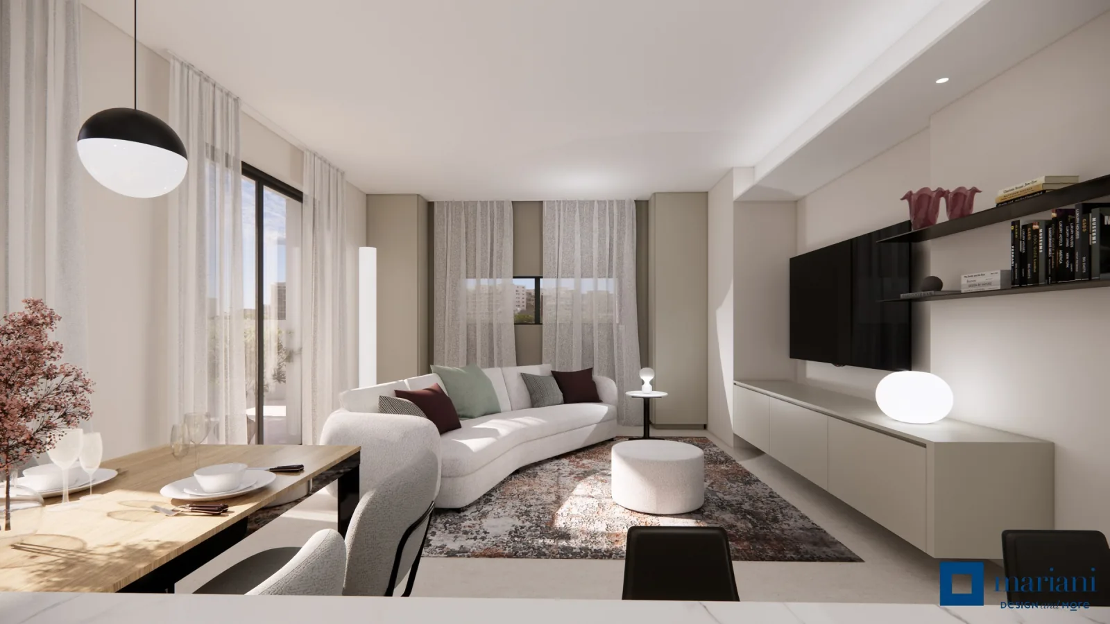 Render of the living room with island kitchen and dining table