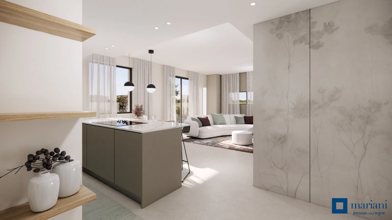 Render of the island kitchen seen from the living room