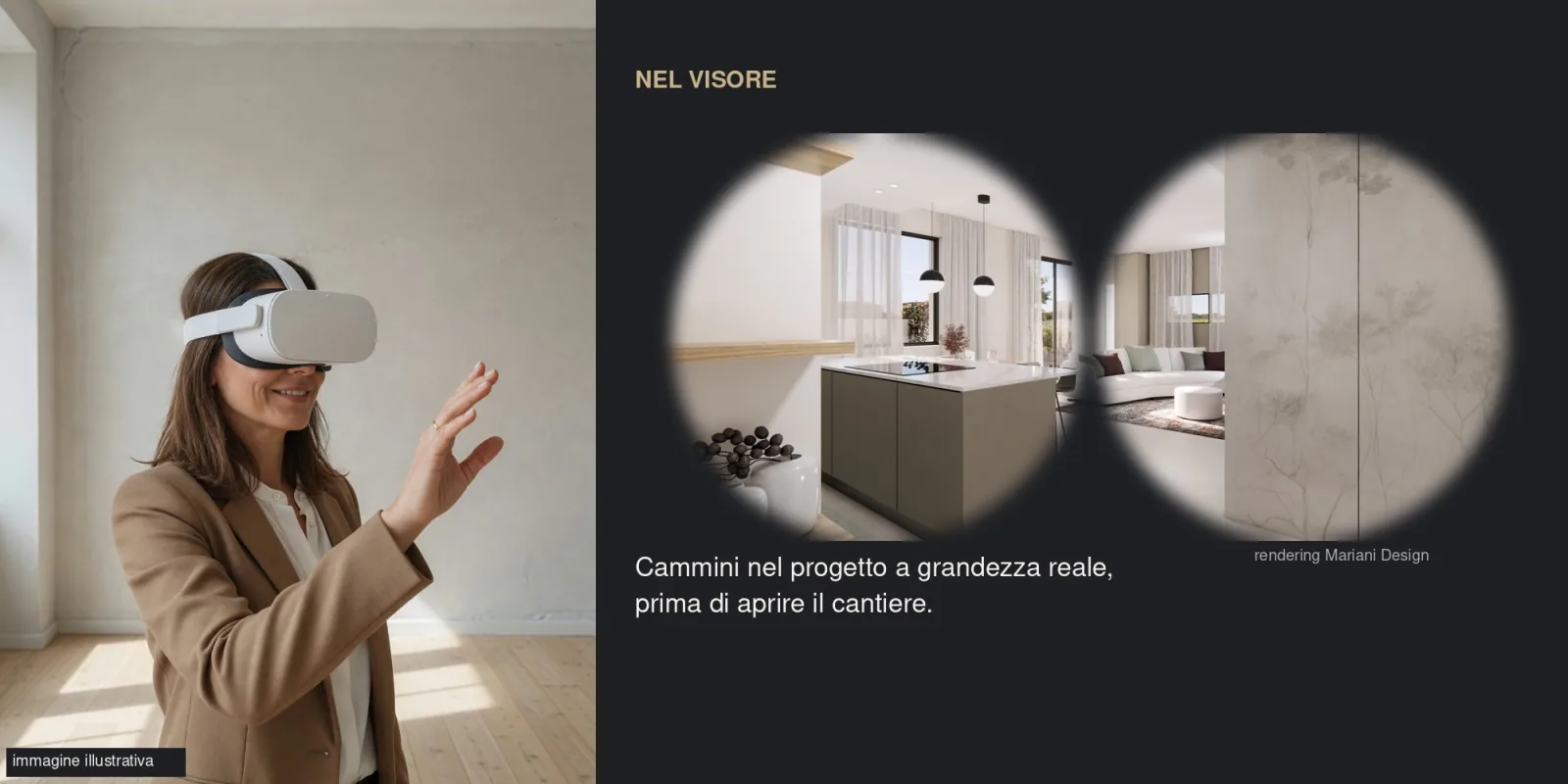 Person wearing a virtual reality headset and, in the lenses, the project render: living room with island kitchen