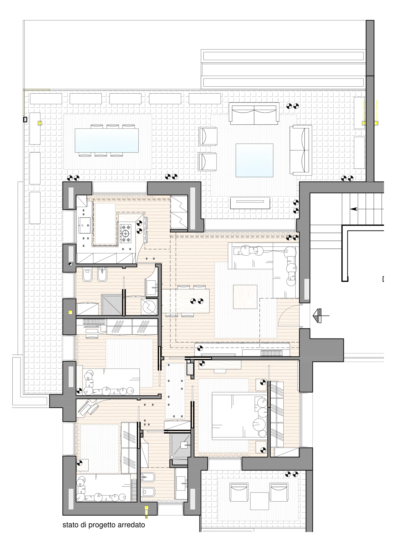 Pianta 2D del progetto: Living con pranzo, cucina, camere, bagni