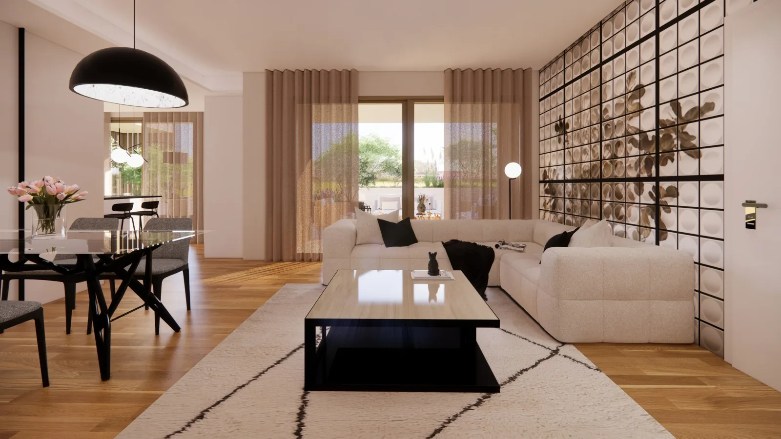 Render of the bright living room with decorative grid wall