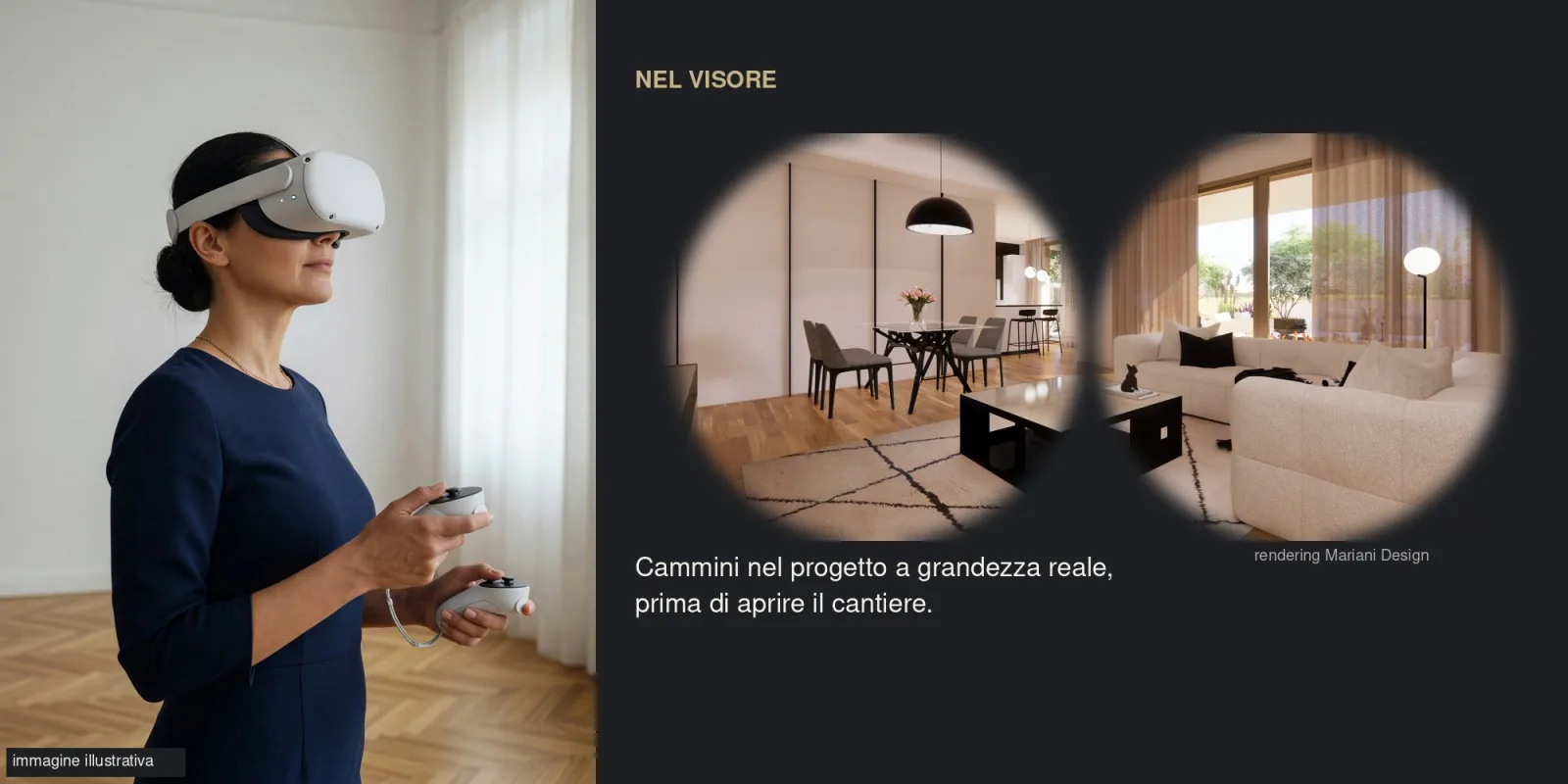 Persona con visore di realtà virtuale e, nelle lenti, il rendering del progetto: living luminoso con parete decorativa a griglia