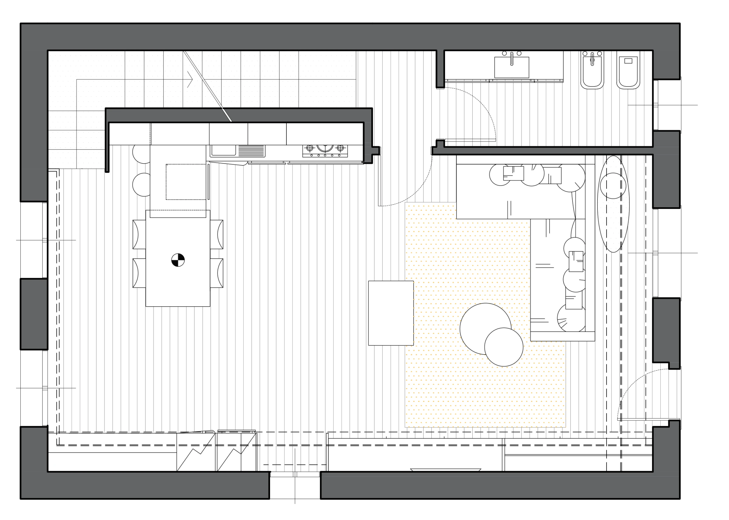 2D floor plan of the project: Kitchen with peninsula, living room, bedrooms, basement lounge