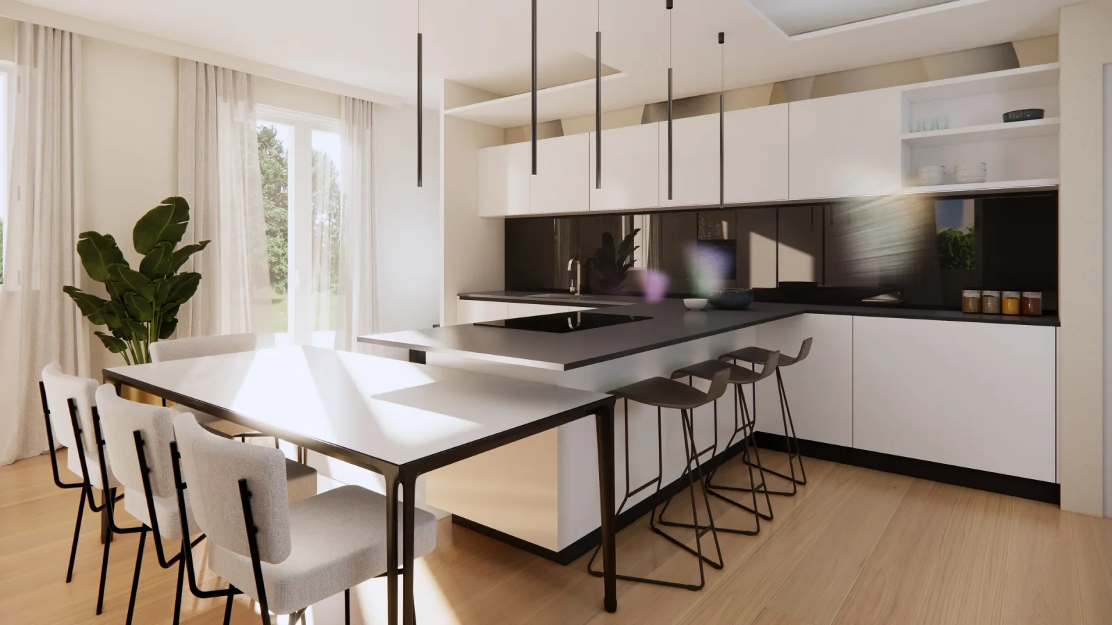 Render of the peninsula kitchen open to the living room