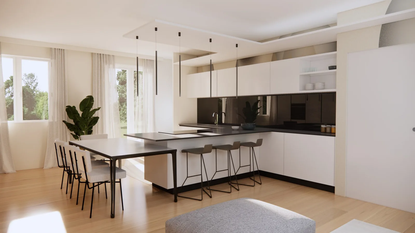 Render of the living room with sofa and TV wall