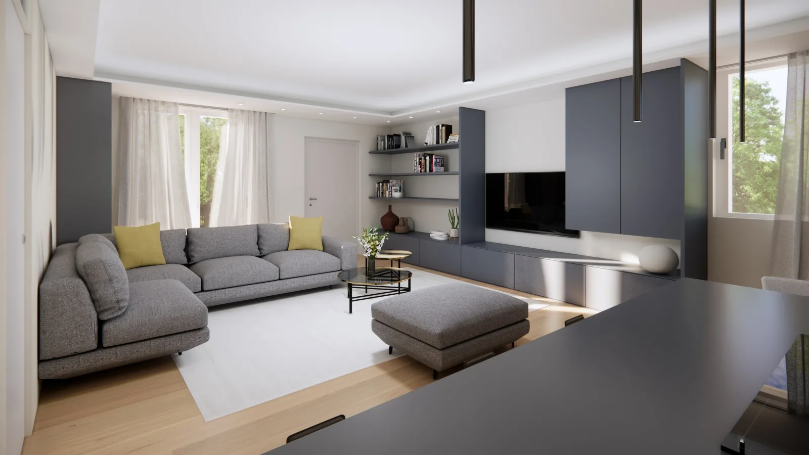 Render of the dining area next to the peninsula