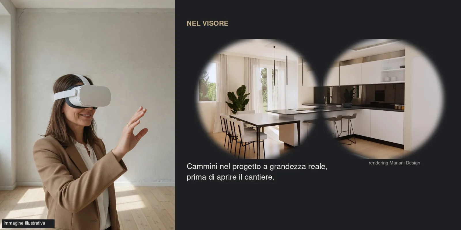 Person wearing a virtual reality headset and, in the lenses, the project render: peninsula kitchen open to the living room