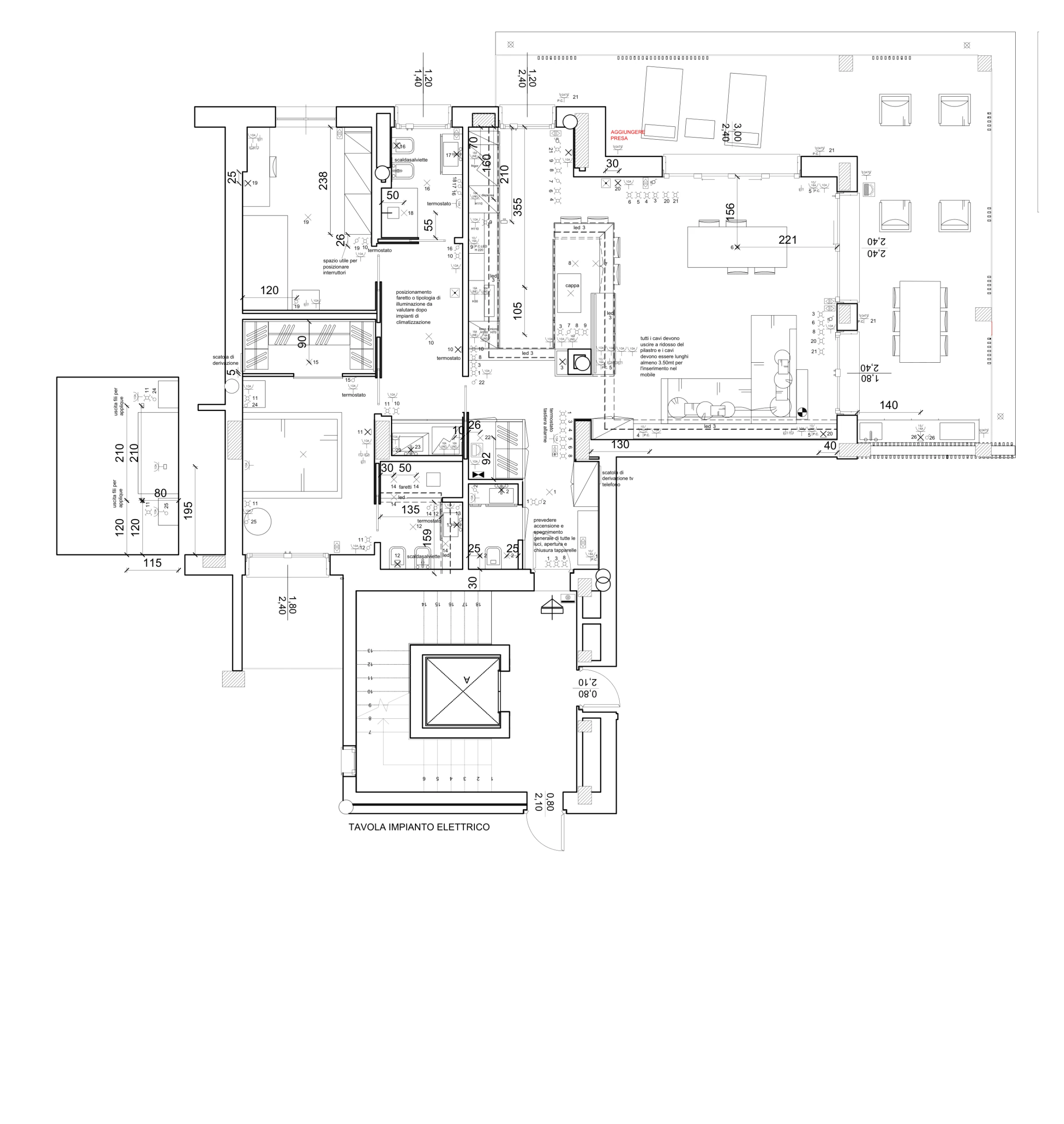 2D floor plan of the project: Entrance with panelling, living room, island kitchen, bedrooms