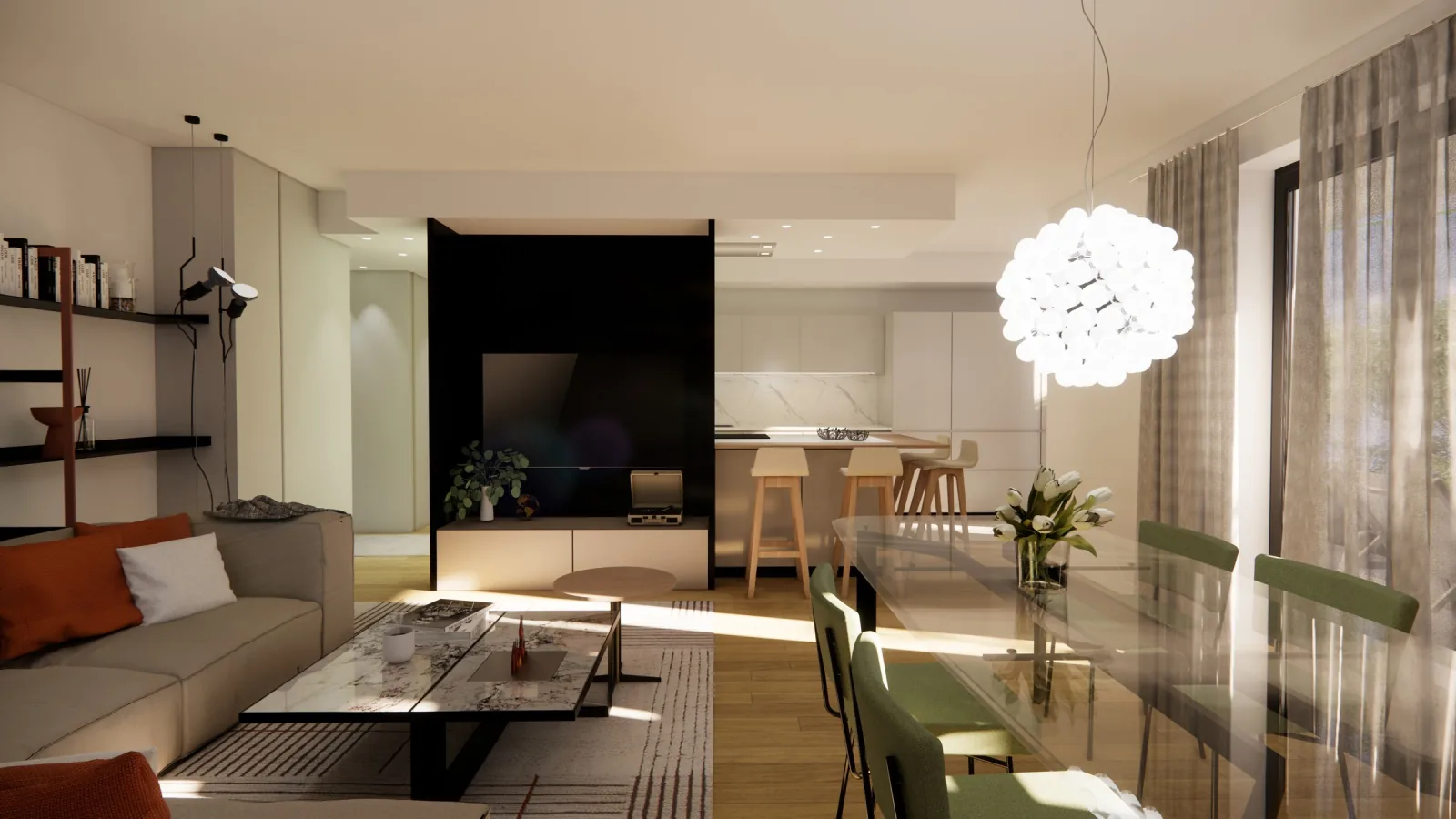 Render of the renovated living room with bespoke bookcase