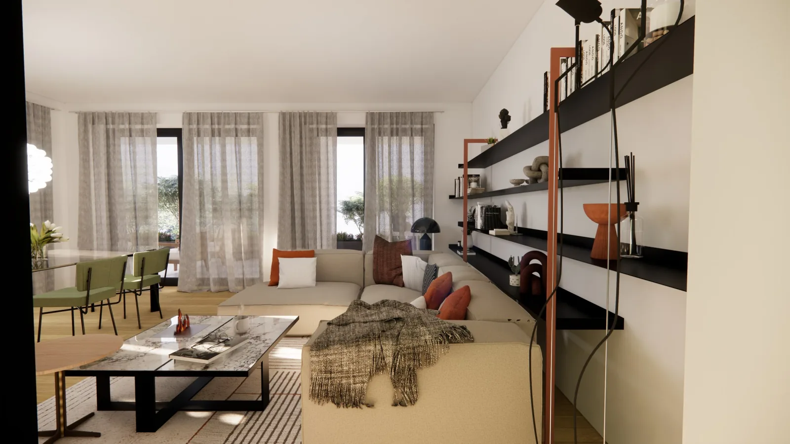 Render of the island kitchen open to the living room