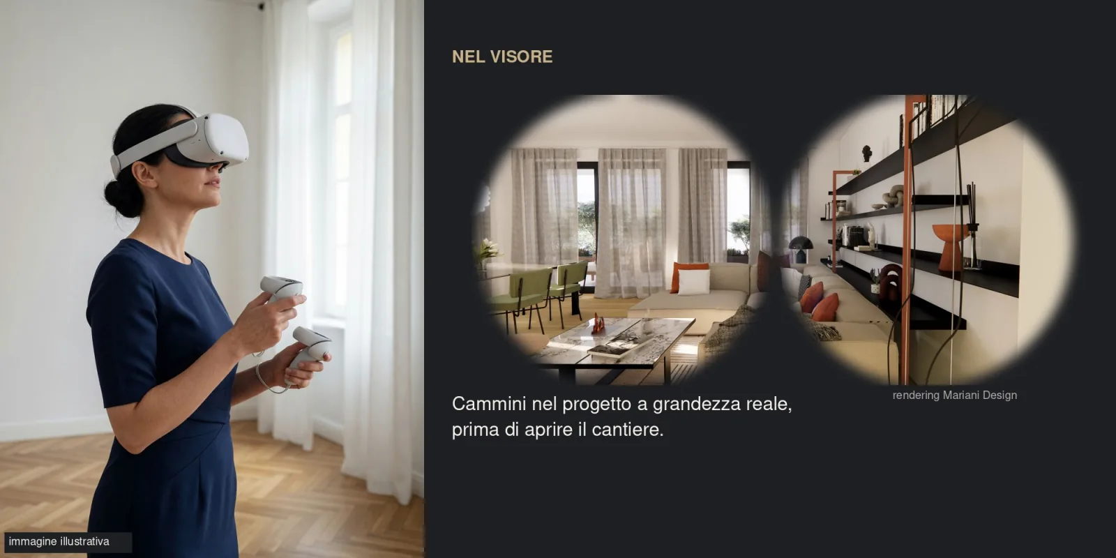Person wearing a virtual reality headset and, in the lenses, the project render: renovated living room with bespoke bookcase