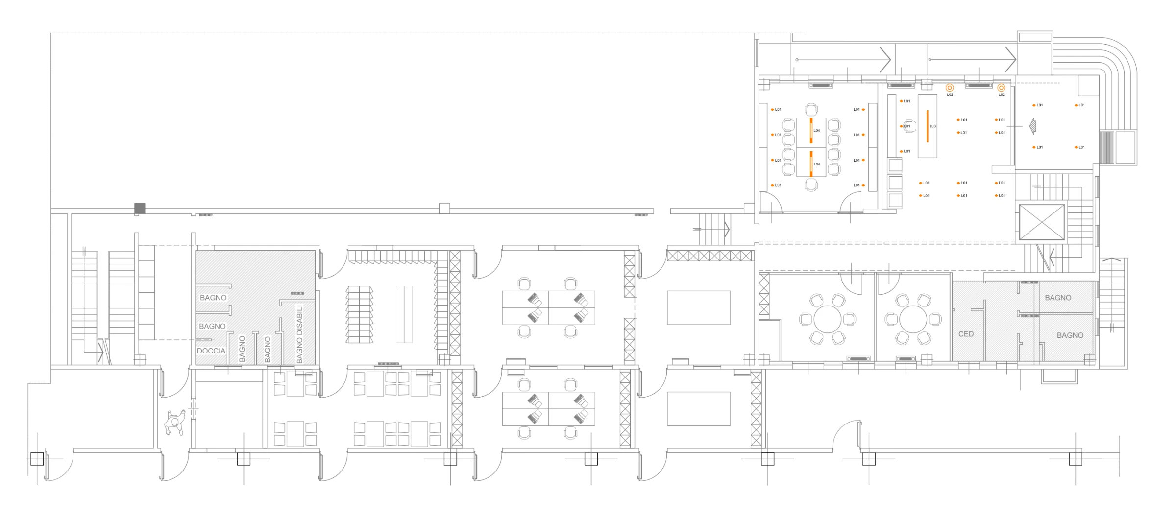 2D floor plan of the project: Reception, open space, executive offices, meeting room