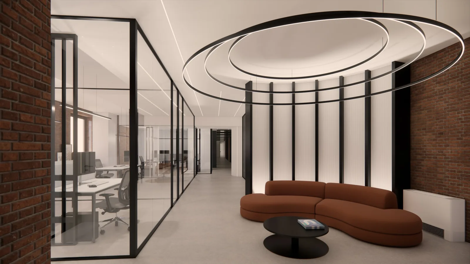 Render of the reception with curved sofa