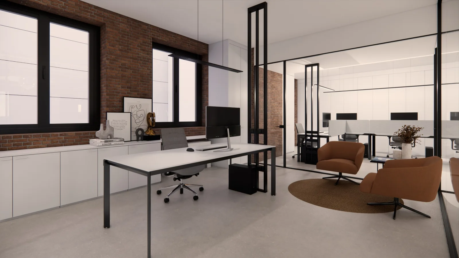 Render of the open space with workstations