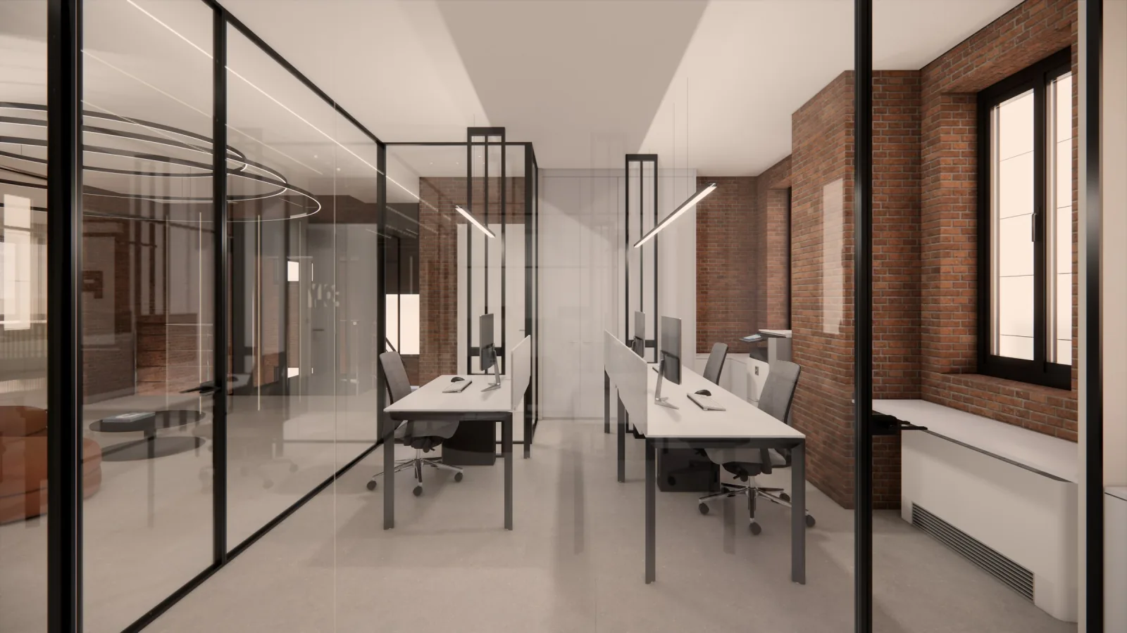 Render of the corridor with full-height glass walls