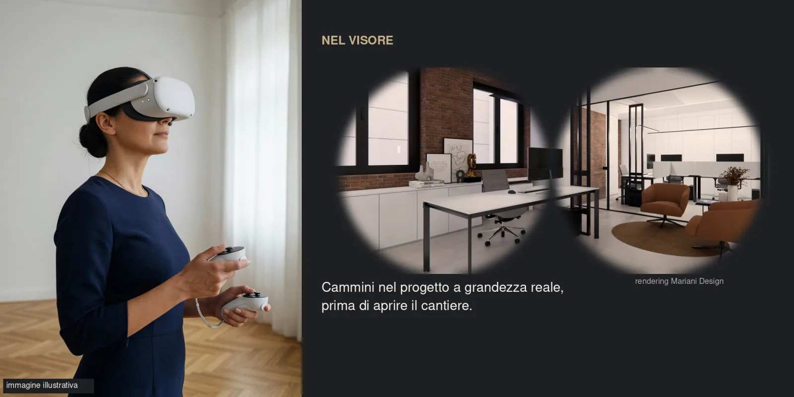 Person wearing a virtual reality headset and, in the lenses, the project render: office reception with curved sofa