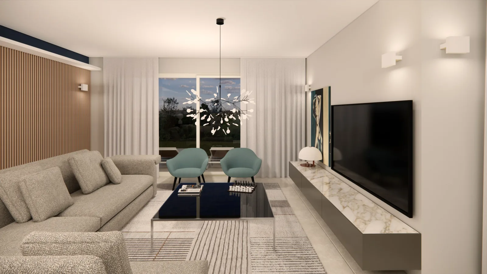 Rendering della cucina con isola e colonne