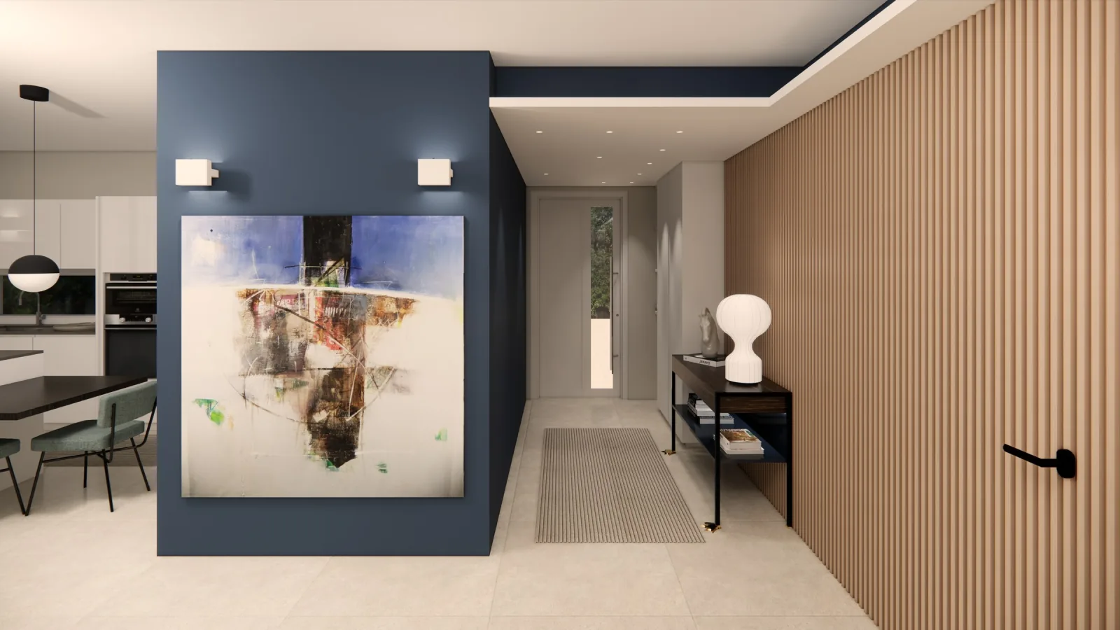 Rendering del living con camino e libreria