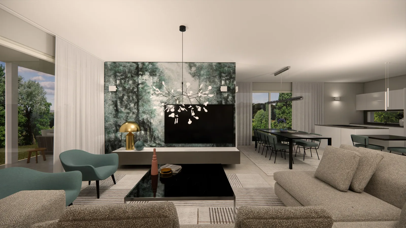 Rendering del living visto dal portico