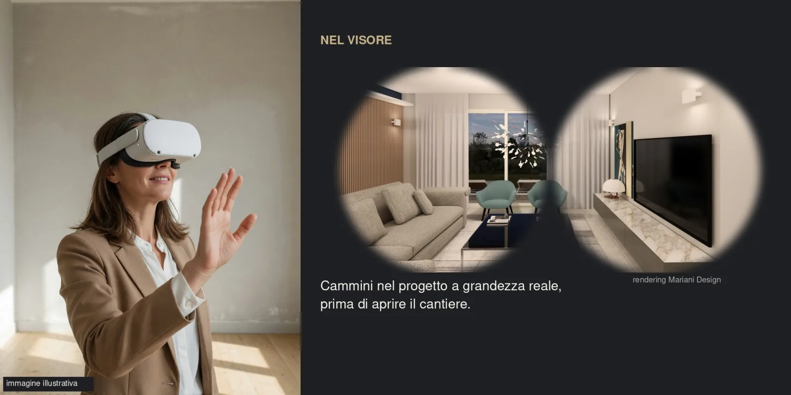 Persona con visore di realtà virtuale e, nelle lenti, il rendering del progetto: zona giorno di villa con cucina e living