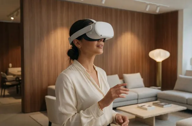 Persona con un visore di realtà virtuale in uno showroom di arredamento.