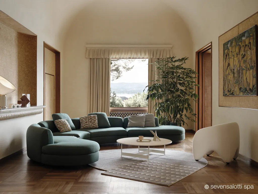 Composizione curva Edo Arflex verde in un salone con grande quadro e finestra sul lago