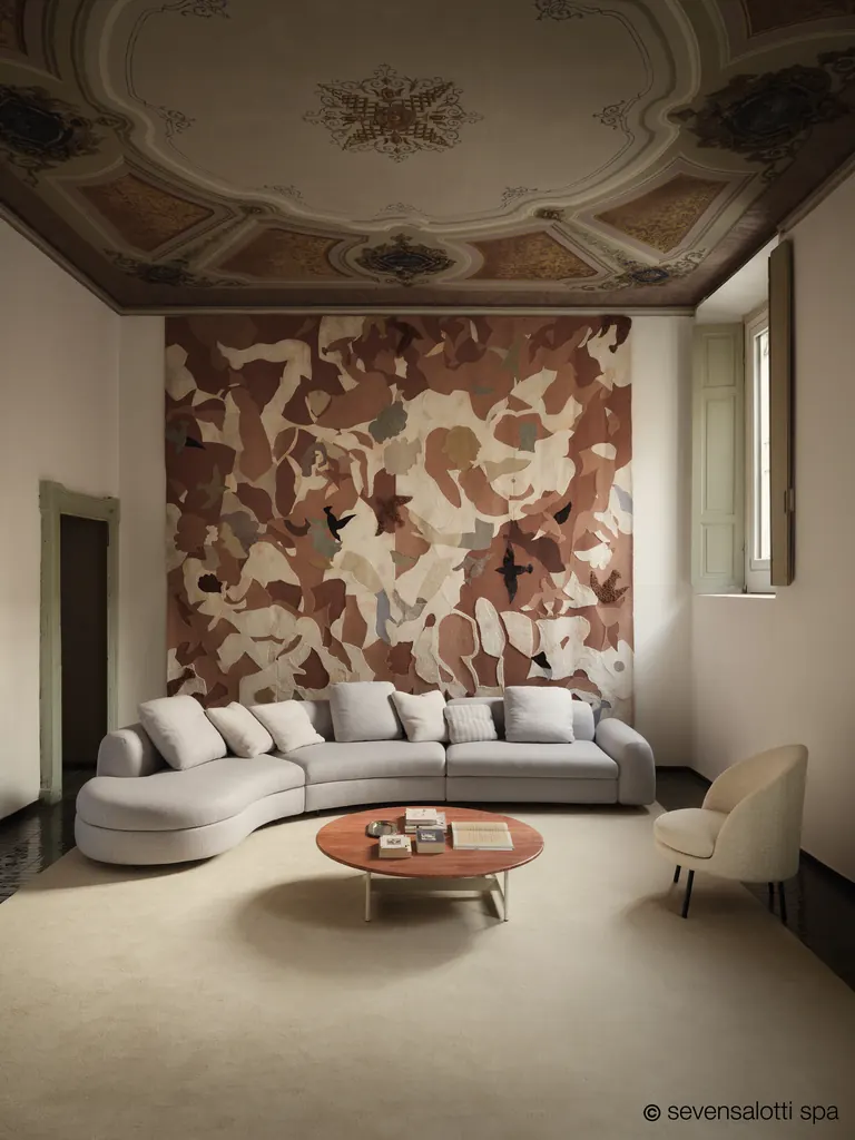 Composizione curva Edo Arflex bianca in una sala con soffitto affrescato e grande arazzo